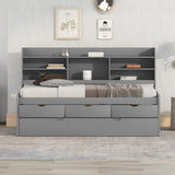 Twin Size Wooden Captain Bed with Built-in Bookshelves,Three Storage Drawers and Trundle,Light Grey - Home Elegance USA