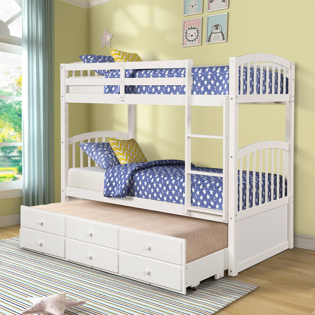 Twin Bunk Bed with Ladder, Safety Rail, Twin Trundle Bed with 3 Drawers for Teens Bedroom, Guest Room Furniture(White)(OLD SKU :LP000071AAK） - Home Elegance USA