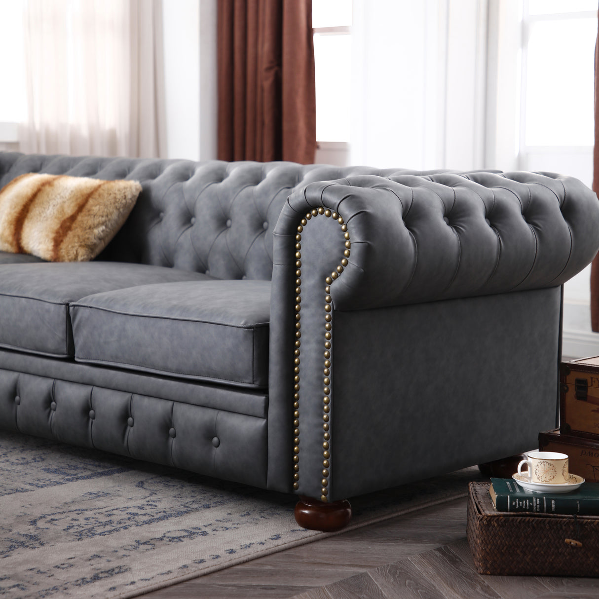 Classic Chesterfield Sofa Dark Grey Faux Leather - Home Elegance USA