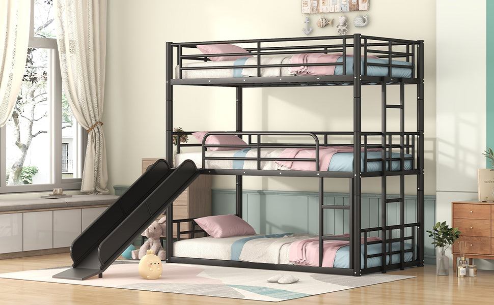 Twin Size Metal Bunk Bed with Ladders and Slide, Divided into Platform and Loft Bed, Black - Home Elegance USA