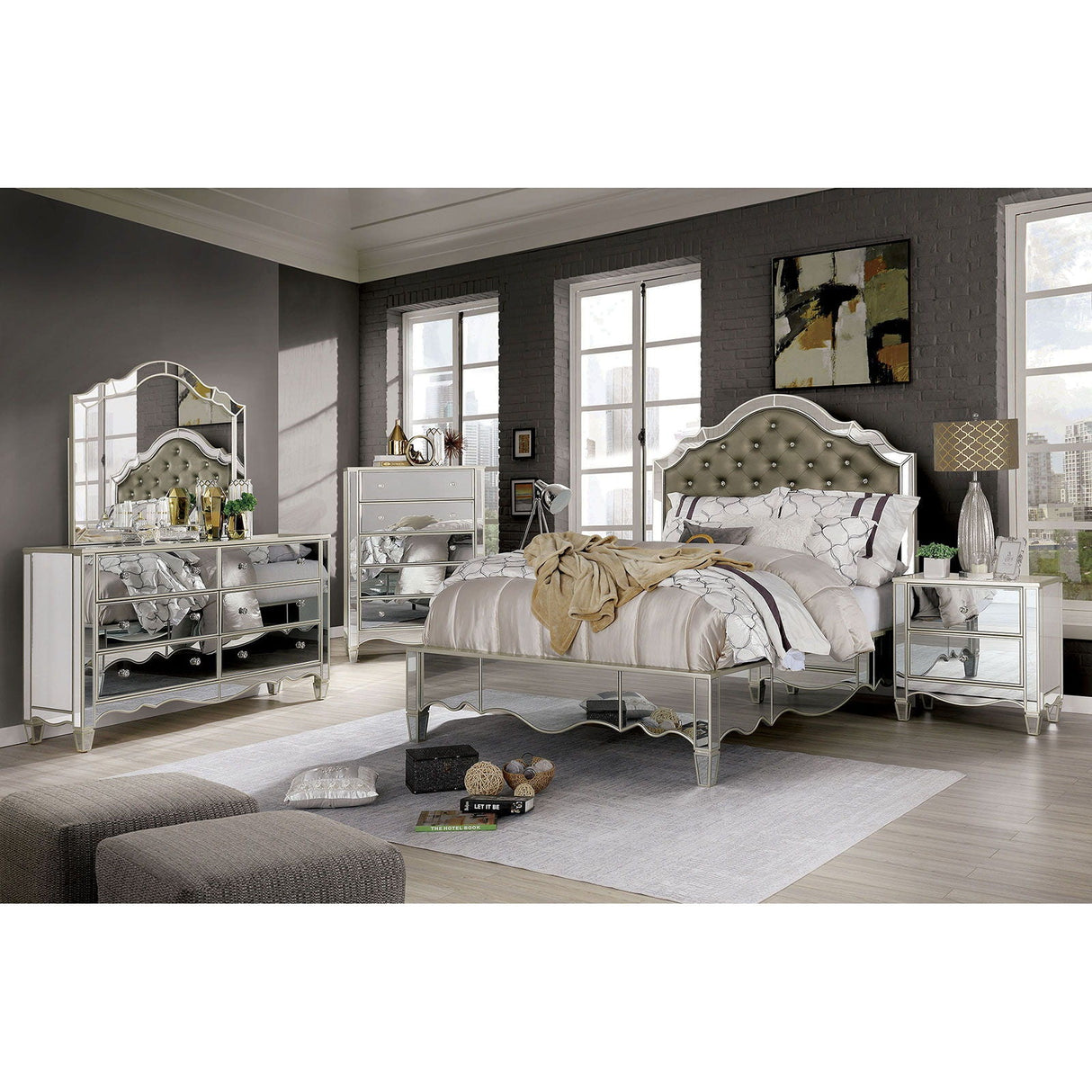 Eliora - 5 Piece Queen Bedroom Set With Night Stand - Silver - Home Elegance USA