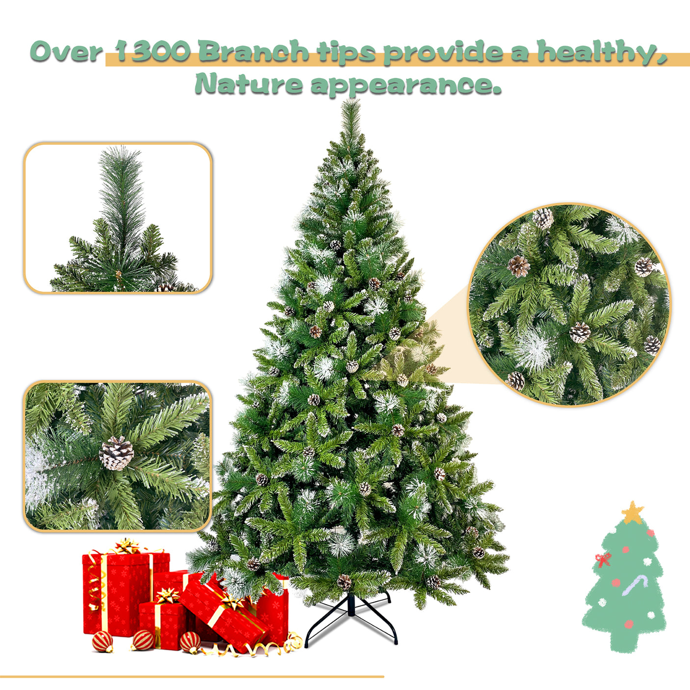 GO 7.4ft Christmas Tree, Decorated with 65 Pine Cones and Realistic over 1300 Thicken Tips, Hinged, with Metal Stand, Easy Assembly, for Indoor and Outdoor Use.