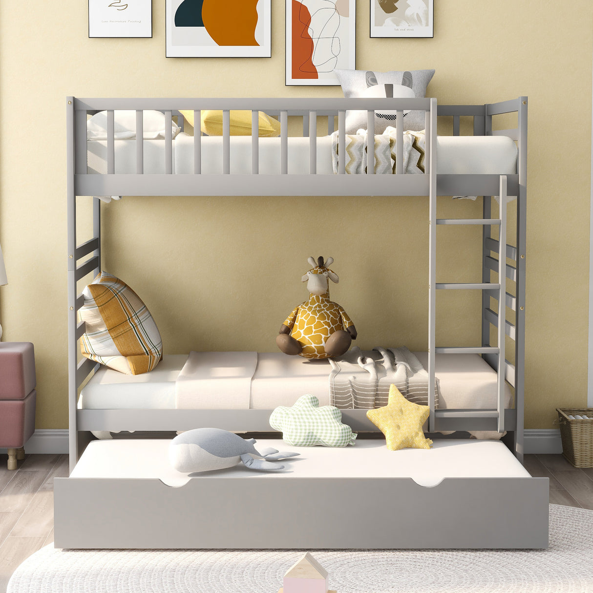 Orisfur. Twin Bunk Beds for Kids with Safety Rail and Movable Trundle bed