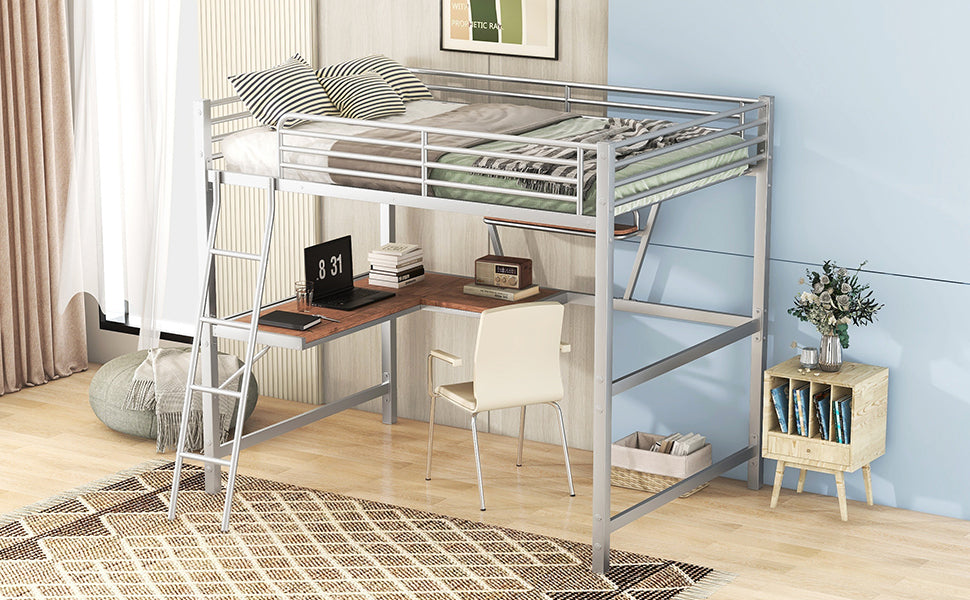 Full Size Loft Metal&MDF Bed with Desk and Shelf, Silver