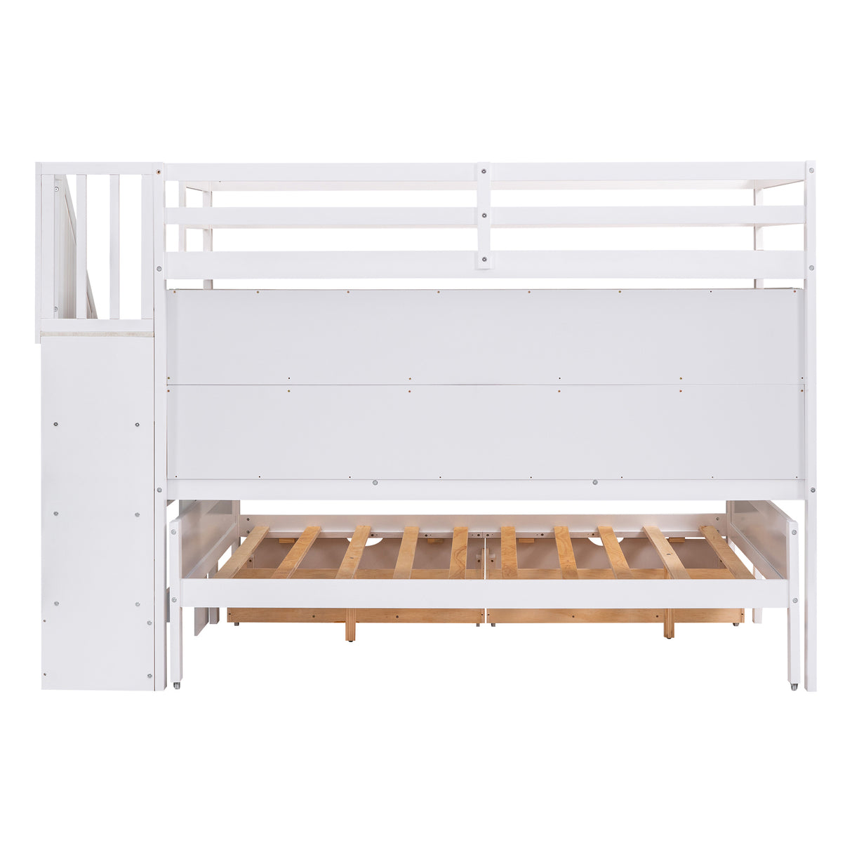 Twin XL over Full Bunk Bed with Built-in Storage Shelves, Drawers and Staircase,White - Home Elegance USA