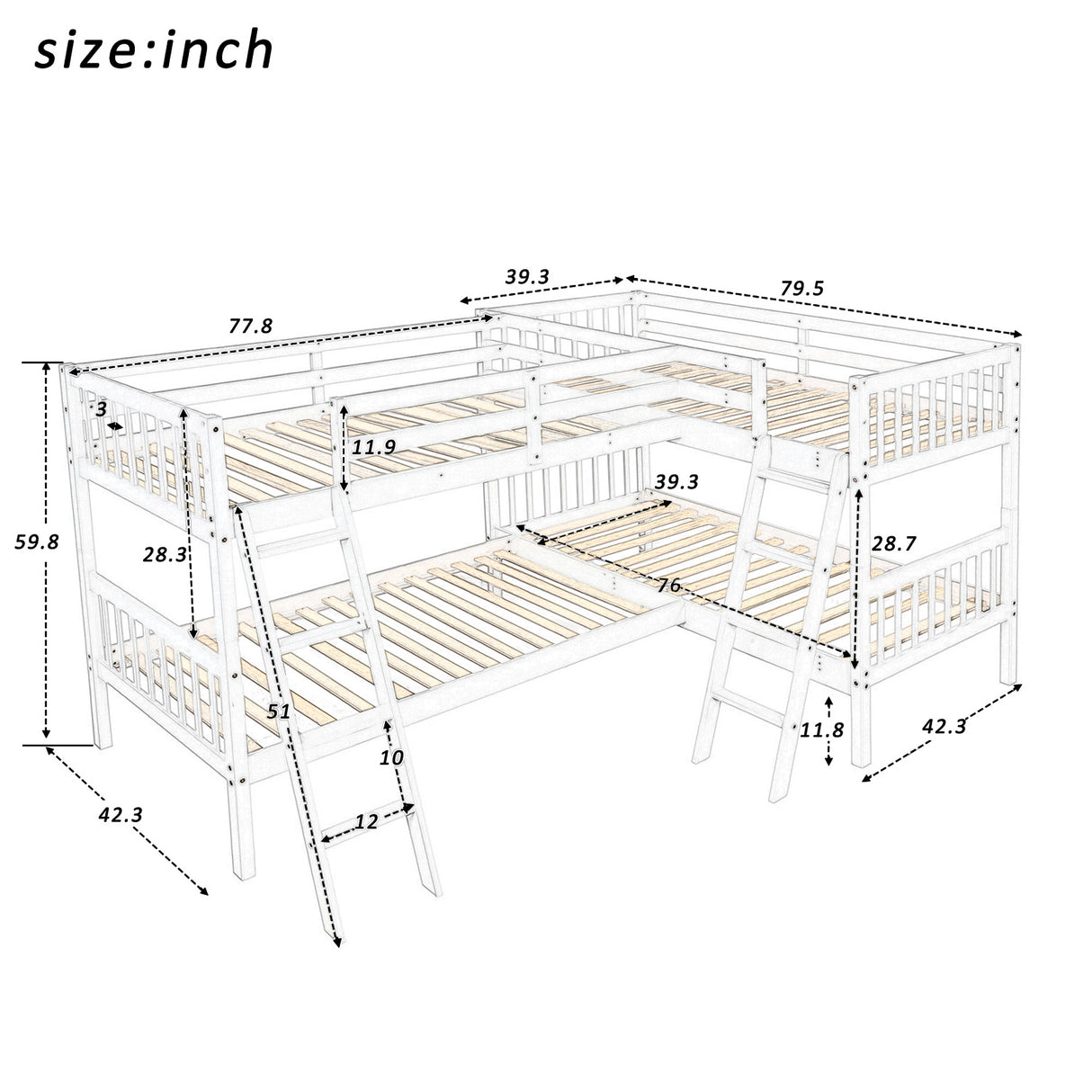 L-Shaped Bunk Bed with Ladder,Twin Size-Gray(OLD SKU :LP000020AAE) - Home Elegance USA