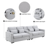 [VIDEO provided] [New] 114.2" Upholstered Sofa with Console, 2 Cupholders and 2 USB Ports Wired or Wirelessly Charged, Modern Linen Fabric Couches with 4 Pillows for Living Room, Apartment (4-Seat) Home Elegance USA