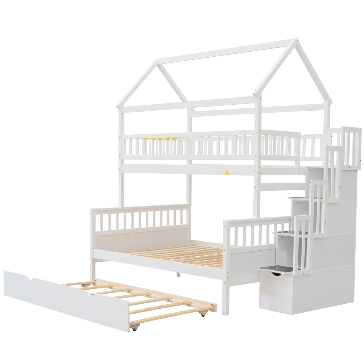 Twin over Full Size House Bunk Bed with Storage Staircase and Trundle,Full-Length Guardrail,White - Home Elegance USA