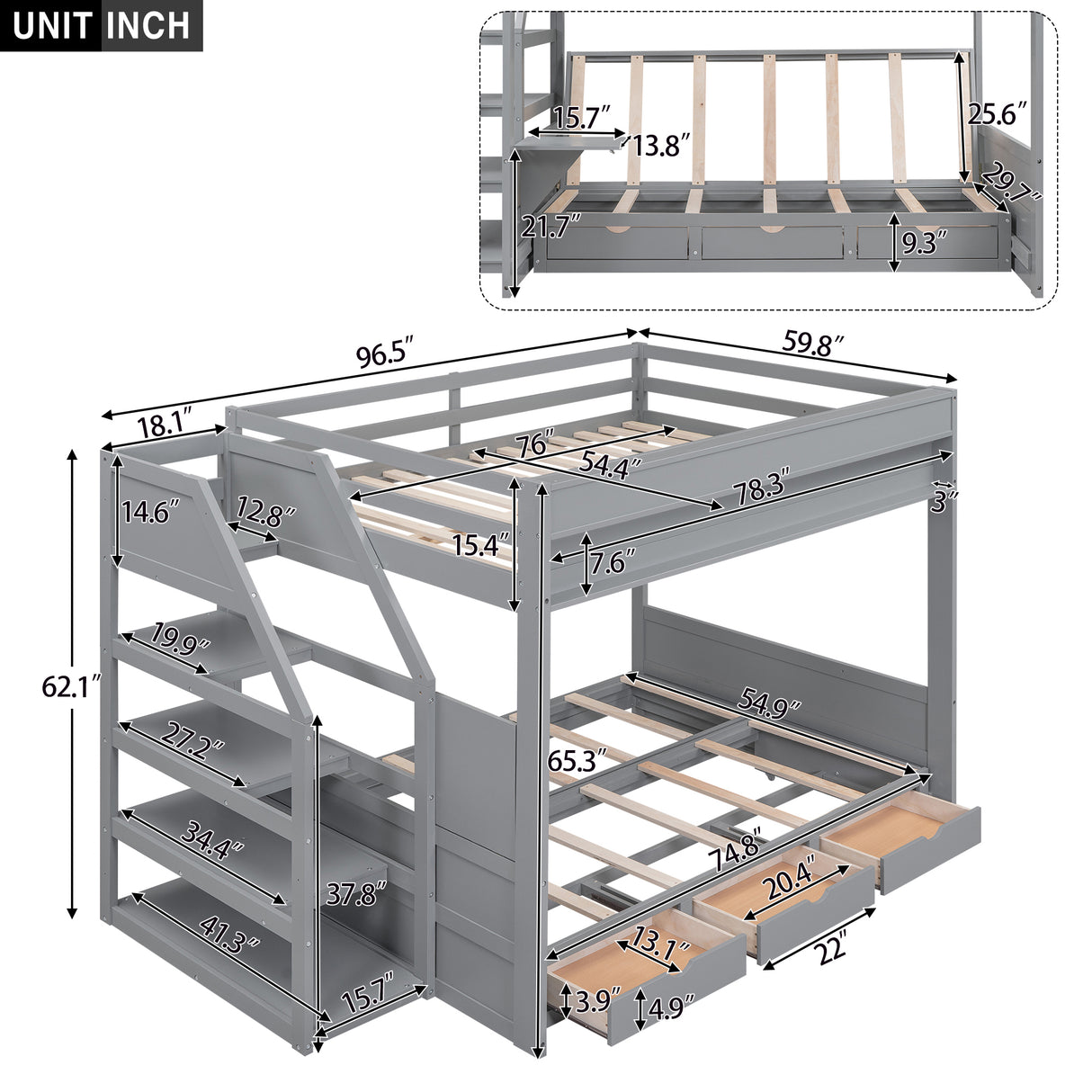 Wood Full Size Convertible Bunk Bed with Storage Staircase, Bedside Table, and 3 Drawers, Gray - Home Elegance USA