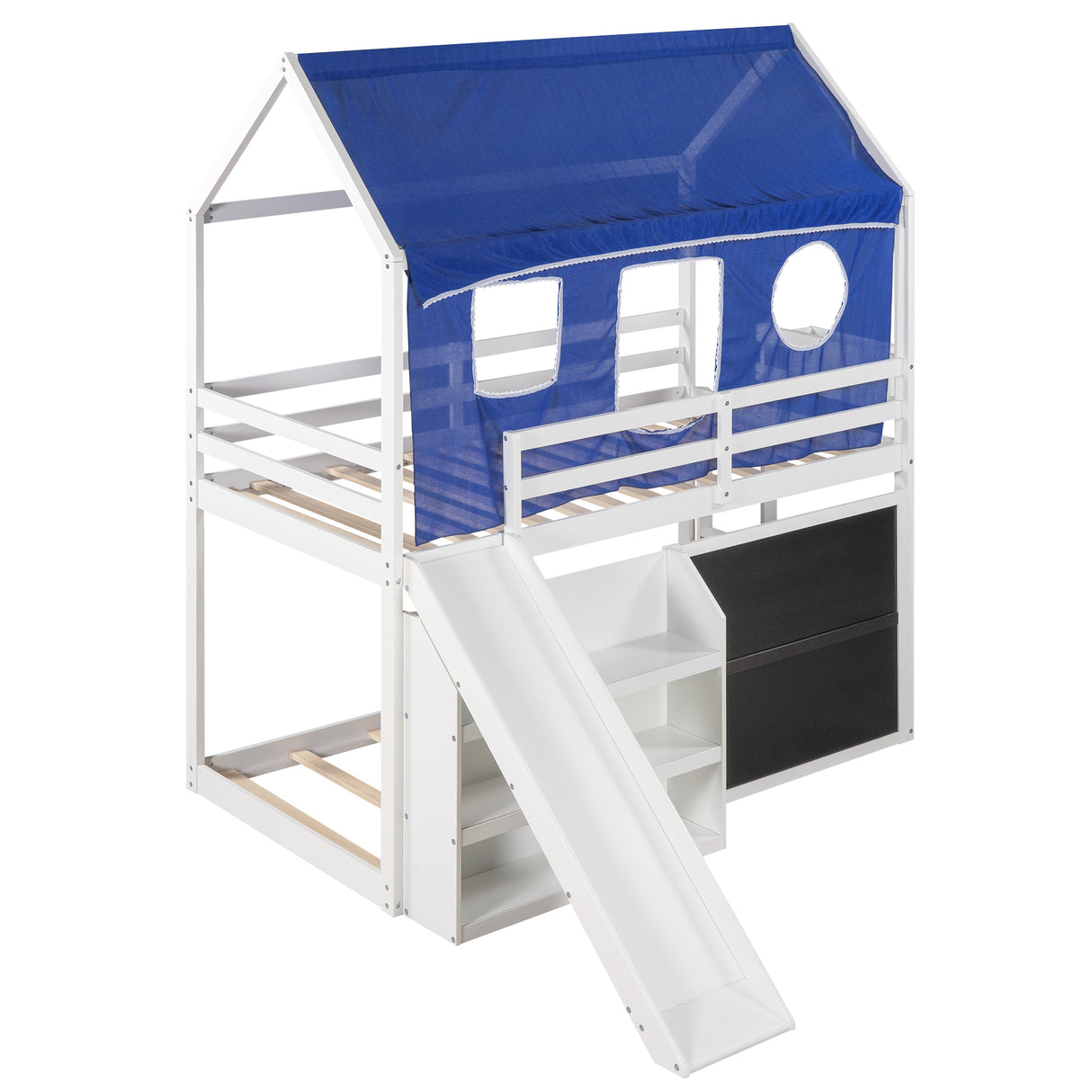 Twin over Twin House Bunk Bed with Blue Tent, Slide, Shelves and Blackboard, White - Home Elegance USA