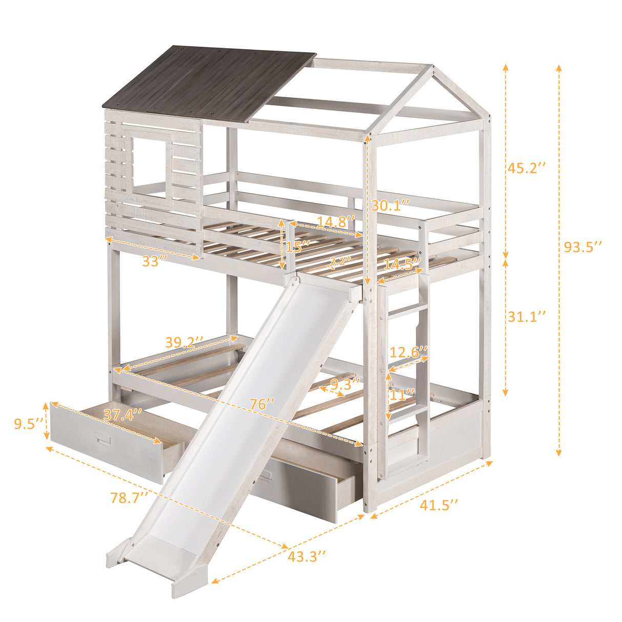 Twin Over Twin Bunk Bed with Two Storage Drawers and Slide, House-Shaped Wood Bunk Bed, Antique White (OLD SKU:LP000089AAK) - Home Elegance USA