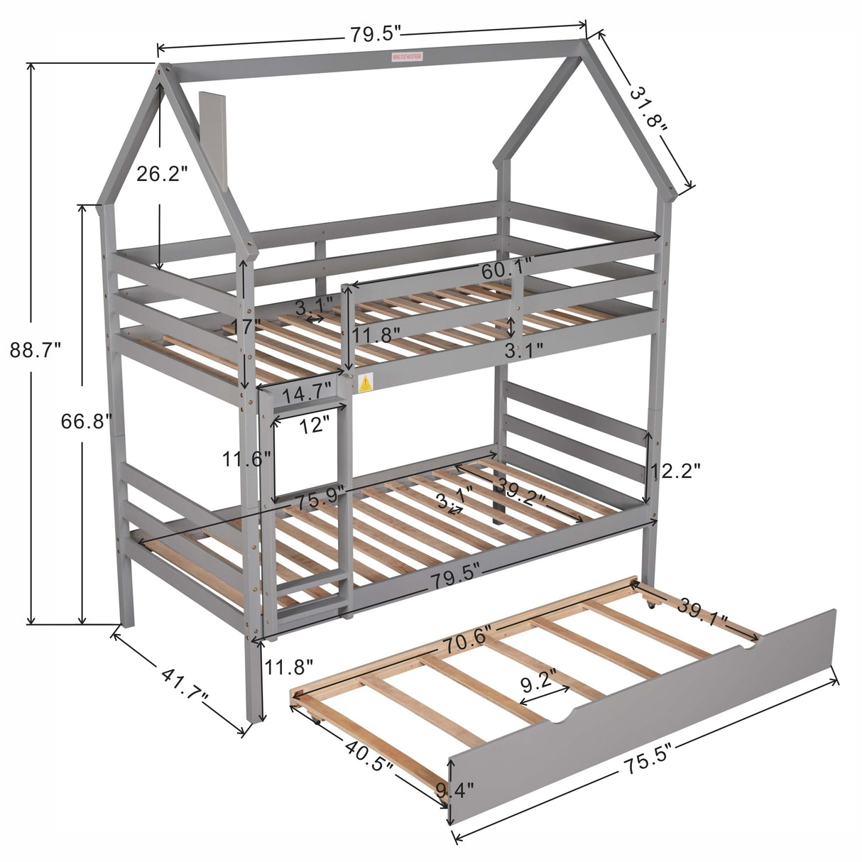 Twin over Twin House Bunk Bed with Trundle and Chimney Design,Gray - Home Elegance USA