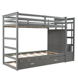 Solid Wood Bunk Bed, Hardwood Twin Over Twin Bunk Bed with Trundle and Staircase, Natural Gray Finish(Old SKU: LP000068AAE) - Home Elegance USA