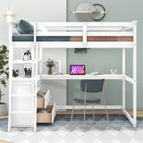 Full Size Loft Bed with Desk and Shelves,Two Built-in Drawers,White - Home Elegance USA