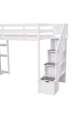 Twin size Loft Bed with Storage Drawers and Stairs, Wooden Loft Bed with Shelves - White - Home Elegance USA
