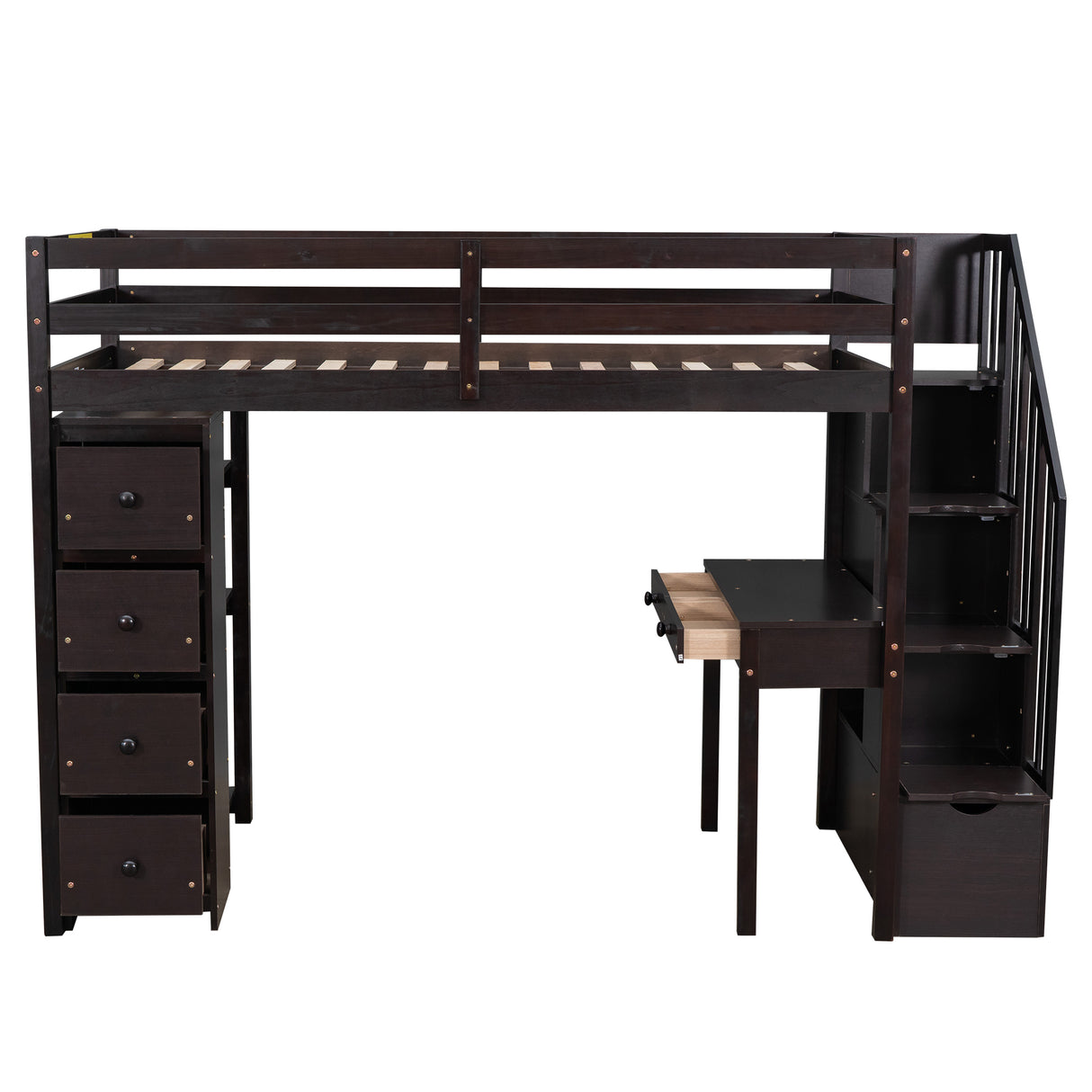 Twin size Loft Bed with Storage Drawers ,Desk and Stairs, Wooden Loft Bed with Shelves - Espresso - Home Elegance USA