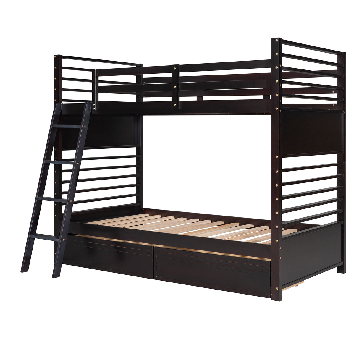 Twin over Twin Wood Bunk Bed with Two Drawers - Espresso· - Home Elegance USA