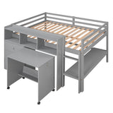 Full Size Low Loft Bed with Rolling Portable Desk, Drawers and Shelves,  Gray - Home Elegance USA