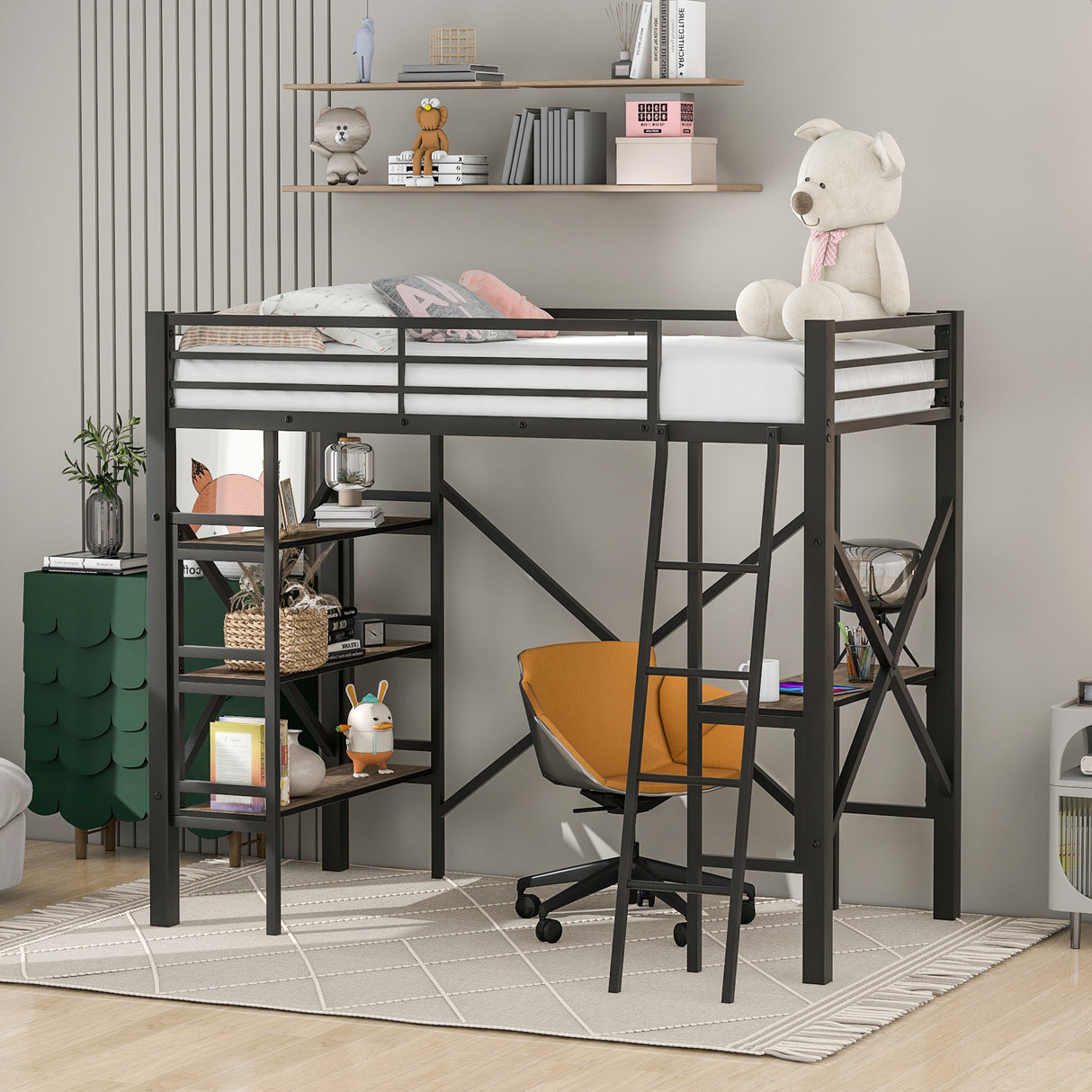 Twin Size Metal Loft Bed with Shelves and Desk, Black (Old SKU:SM001102AAB) - Home Elegance USA