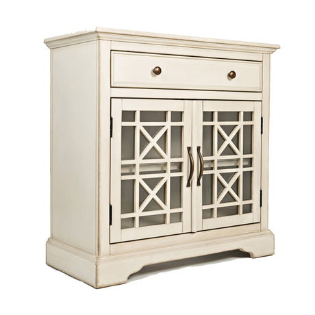 Koi 32 Inch Acacia Wood Accent Cabinet Console, 2 Fretwork Tempered Glass Doors, 1 Shelf, Antique White - Home Elegance USA