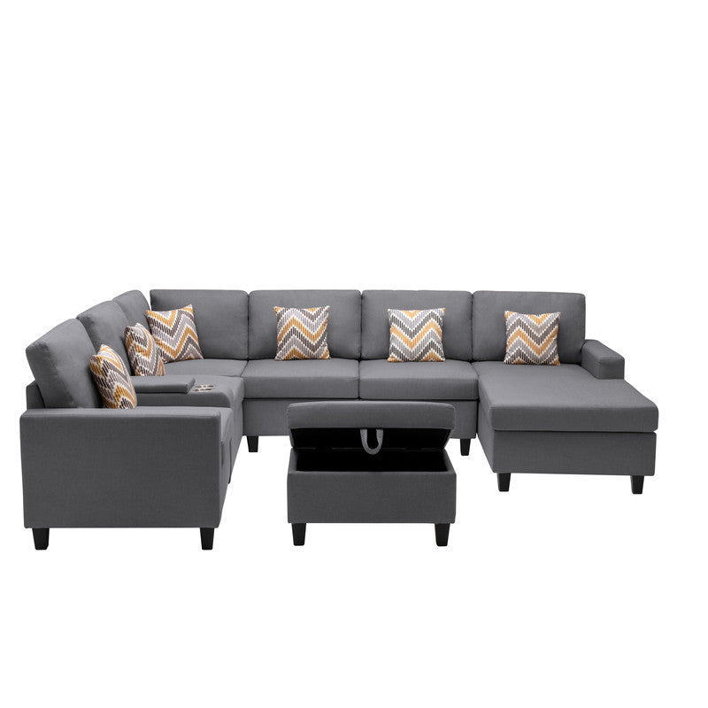 Nolan Gray Linen Fabric 8Pc Reversible Chaise Sectional Sofa with Interchangeable Legs, Pillows, Storage Ottoman, and a USB, Charging Ports, Cupholders, Storage Console Table - Home Elegance USA