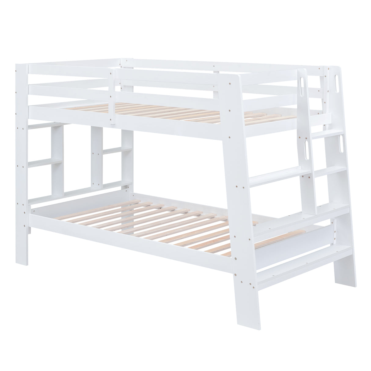 Twin over Twin Bunk Bed with Shelves and Built-in Ladder,  White (Expected Arrival Time:8.10) - Home Elegance USA