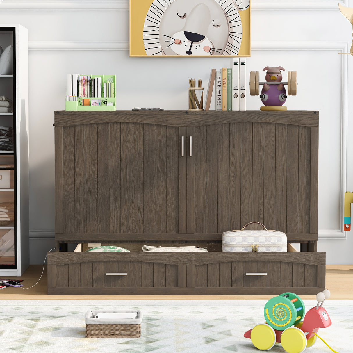 Queen Size Murphy Bed with Built-In Charging Station, Antique Grey(Expected Arrival Time: 8.9) - Home Elegance USA