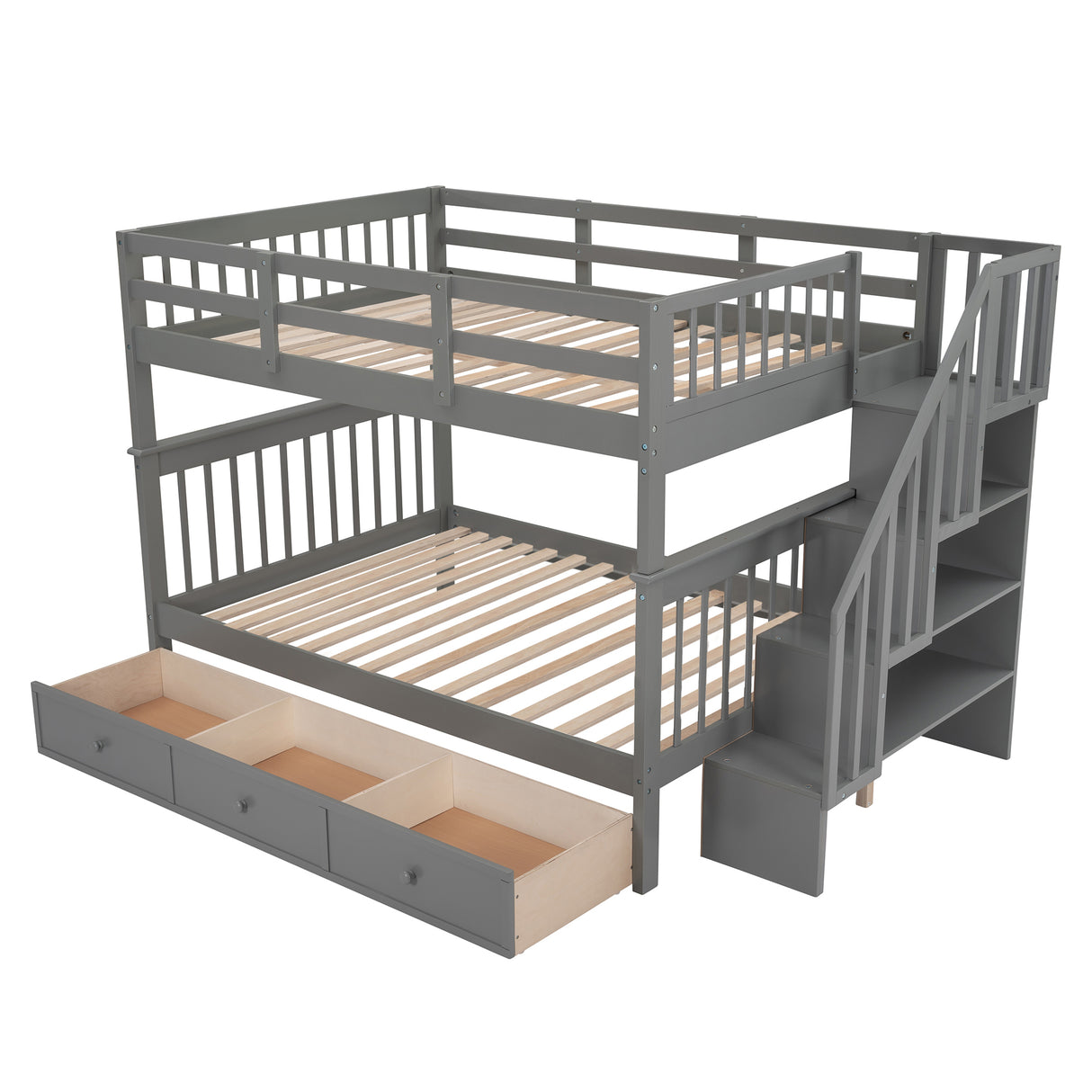 Stairway Full-Over-Full Bunk Bed with Drawer, Storage and Guard Rail for Bedroom, Gray color( old sku: LP000310AAE ) - Home Elegance USA