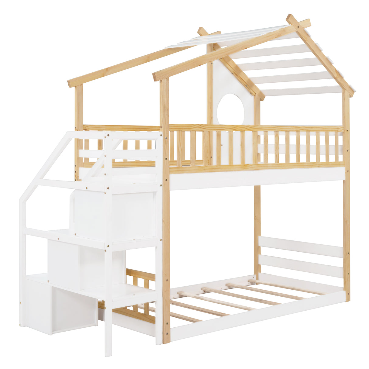 Stairway Twin-Over-Twin Bunk Bed,House Bed,Storage and Guard Rail,Natural Bed +White Stair - Home Elegance USA