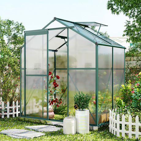 TOPMAX Upgraded Outdoor Patio 6.2ft Wx4.3ft D Greenhouse, Walk-in Polycarbonate Greenhouse with 2 Windows and Base,Aluminum Hobby Greenhouse with Sliding Door for Garden, Backyard, Green