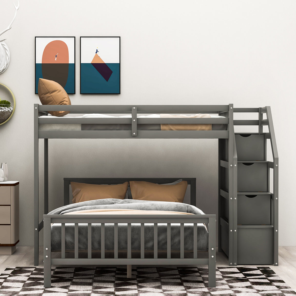 Twin over Full Loft Bed with Staircase,Gray(OLD SKU:SM000107AAE) - Home Elegance USA
