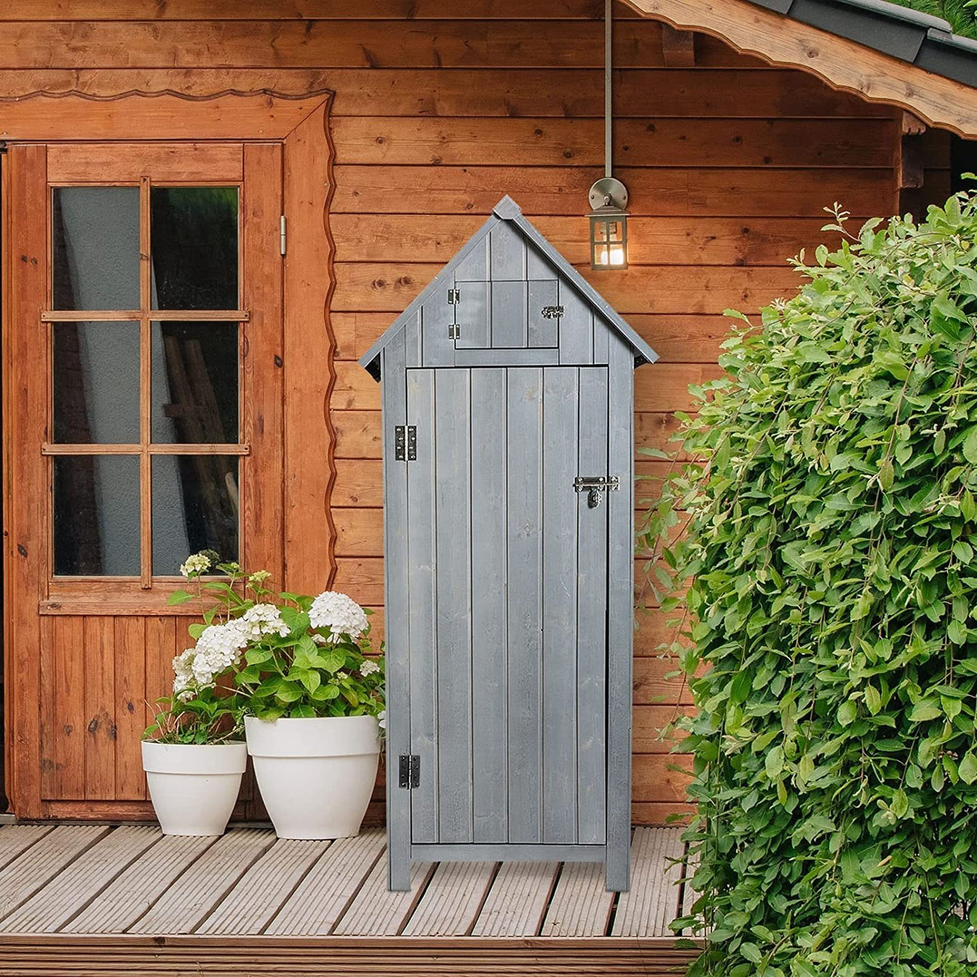 Outdoor Storage Cabinet Tool Shed Wooden Garden Shed with Floor, Hooks and Asphalt Waterproof Roof,Organizer Wooden Lockers with Fir Wood,Grey