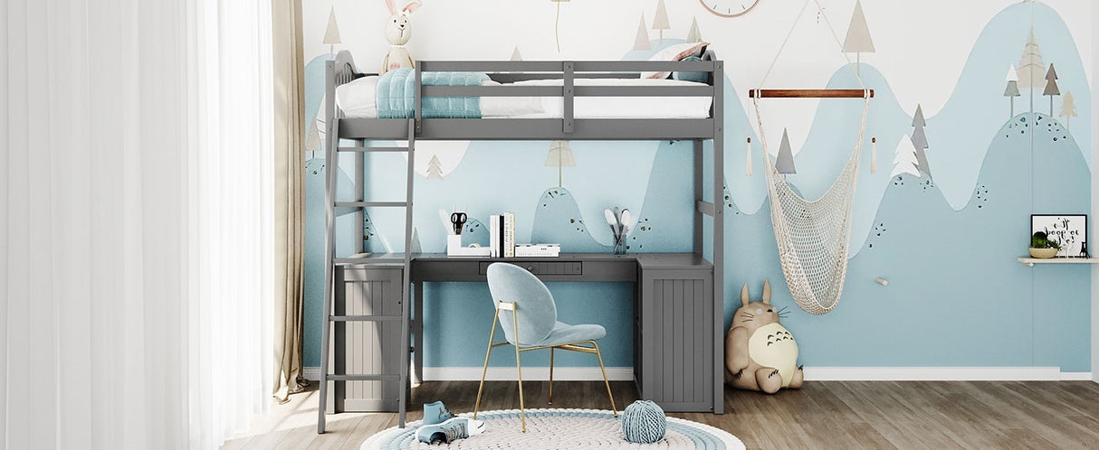 Twin size Loft Bed with Drawers, Cabinet, Shelves and Desk, Wooden Loft Bed with Desk - Gray(OLD SKU :LT000505AAE) - Home Elegance USA