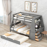 Twin over Full Bunk Bed with Trundle and Built-in Desk, Three Storage Drawers and Shelf,Gray - Home Elegance USA