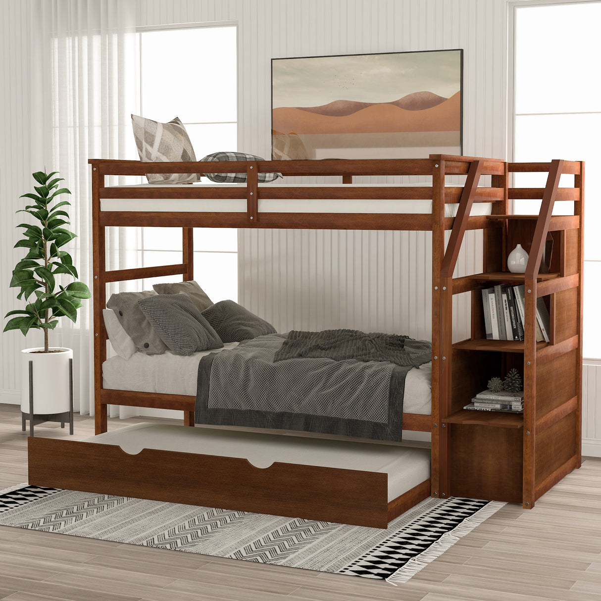 Twin-Over-Twin Bunk Bed with Twin Size Trundle and 3 Storage Stairs,Walnut (OLD SKU :LP000064AAD) - Home Elegance USA