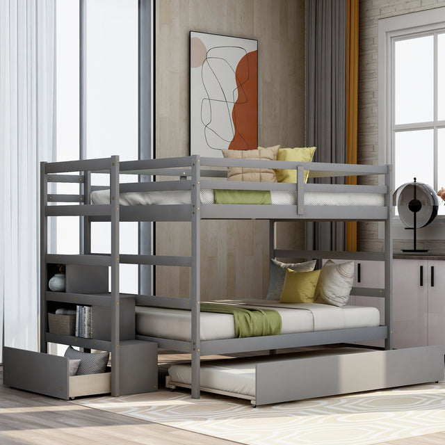 Full over Full Bunk Bed with Twin Size Trundle (Gray)(OLD SKU :LP000033AAE) - Home Elegance USA