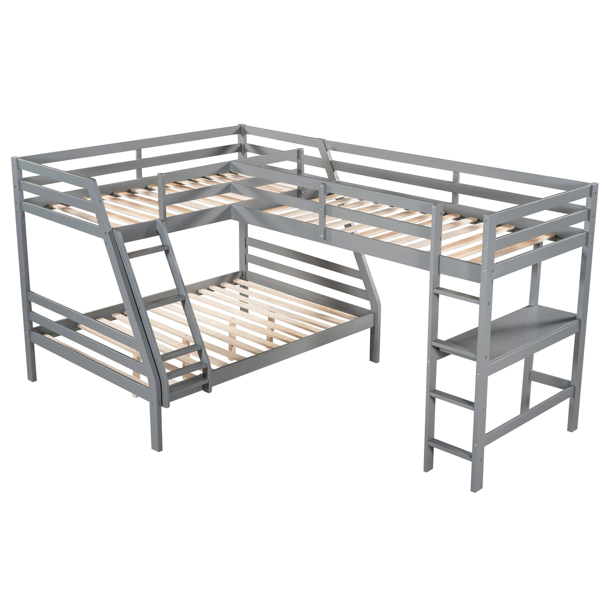 L-Shaped Twin over Full Bunk Bed and Twin Size Loft Bed with Built-in Desk,Gray - Home Elegance USA