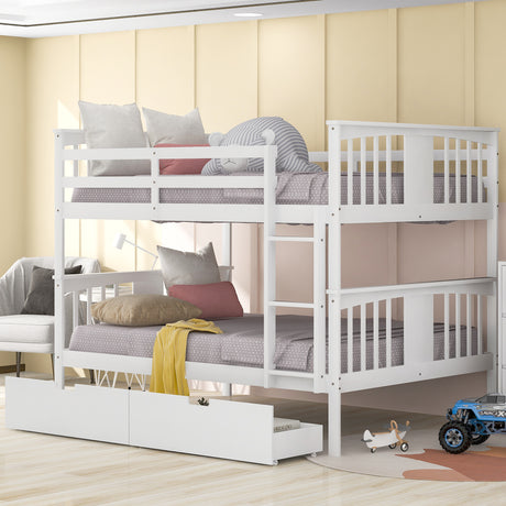 Full over Full Bunk Bed with Drawers and Ladder for Bedroom, Guest Room Furniture-White(OLD SKU :LP000205AAK) - Home Elegance USA