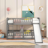 Bunk Bed with Slide,Twin Over Twin Low Bunk Bed with Fence and Ladder for Toddler Kids Teens Grey - Home Elegance USA