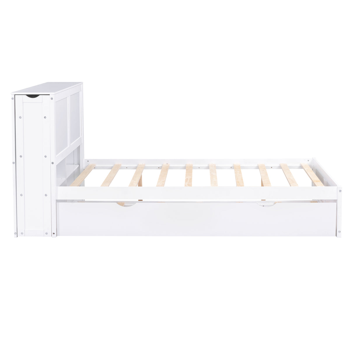 Full Size Storage Platform Bed with Pull Out Shelves and Twin Size Trundle, White - Home Elegance USA