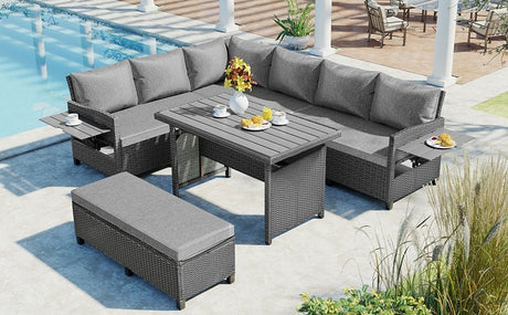 TOMAX 5-Piece Outdoor Patio Rattan Sofa Set, Sectional PE Wicker L-Shaped Garden Furniture Set with 2 Extendable Side Tables, Dining Table and Washable Covers for Backyard, Poolside, Indoor, Gray - Home Elegance USA