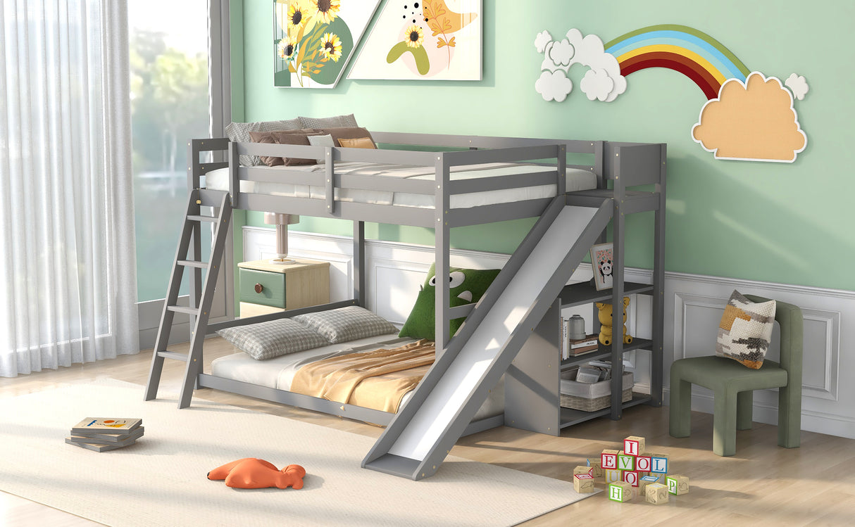 Full over Full Bunk Bed with Ladder, Slide and Shelves, Gray - Home Elegance USA