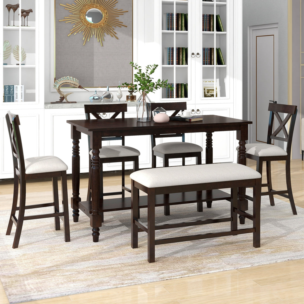 TREXM 6-Piece Counter Height Dining Table Set Table with Shelf 4 Chairs and Bench for Dining Room (Espresso) - Home Elegance USA