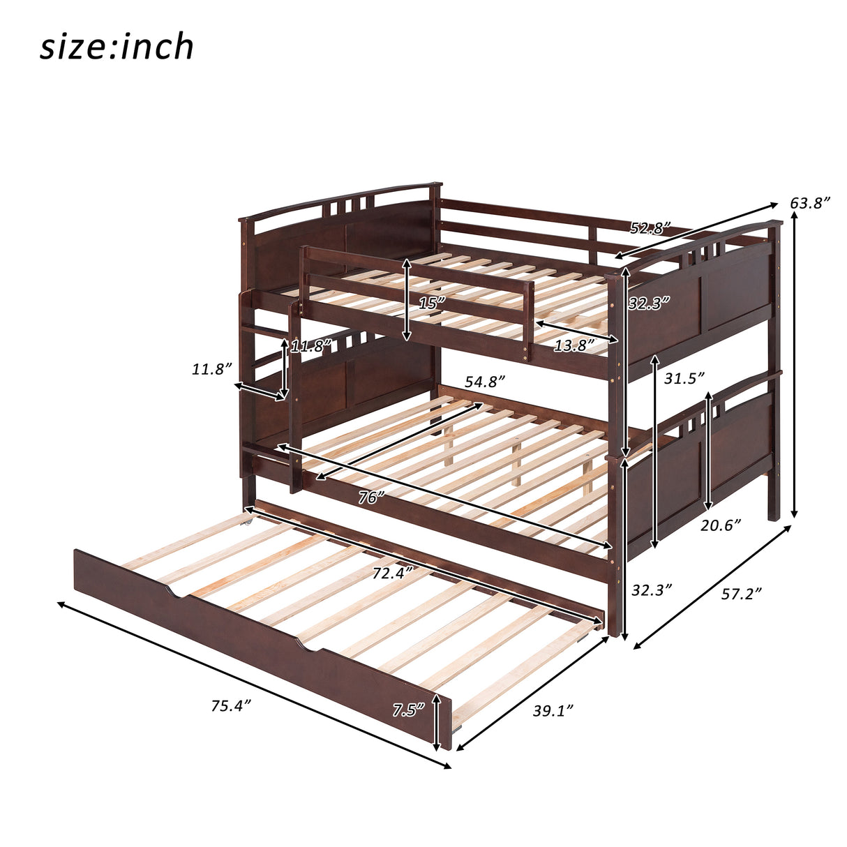 Full-Over-Full Bunk Bed with Twin size Trundle , Separable Bunk Bed for Bedroom - Espresso - Home Elegance USA