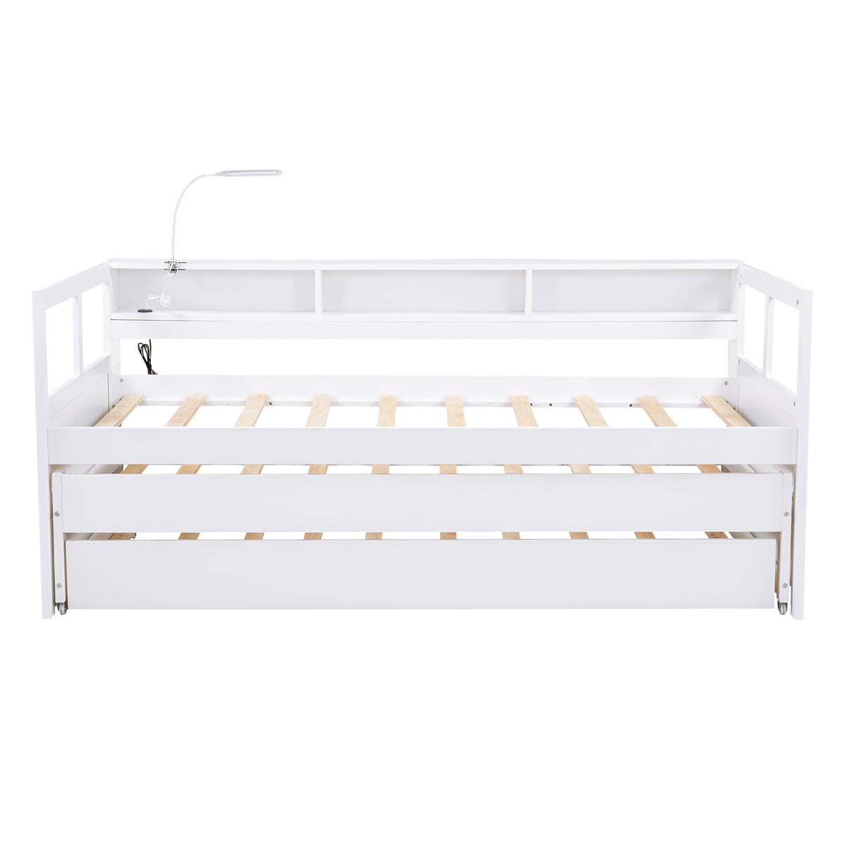 Twin XL Wood Daybed with 2 Trundles, 3 Storage Cubbies, 1 Light for Free and USB Charging Design, White - Home Elegance USA