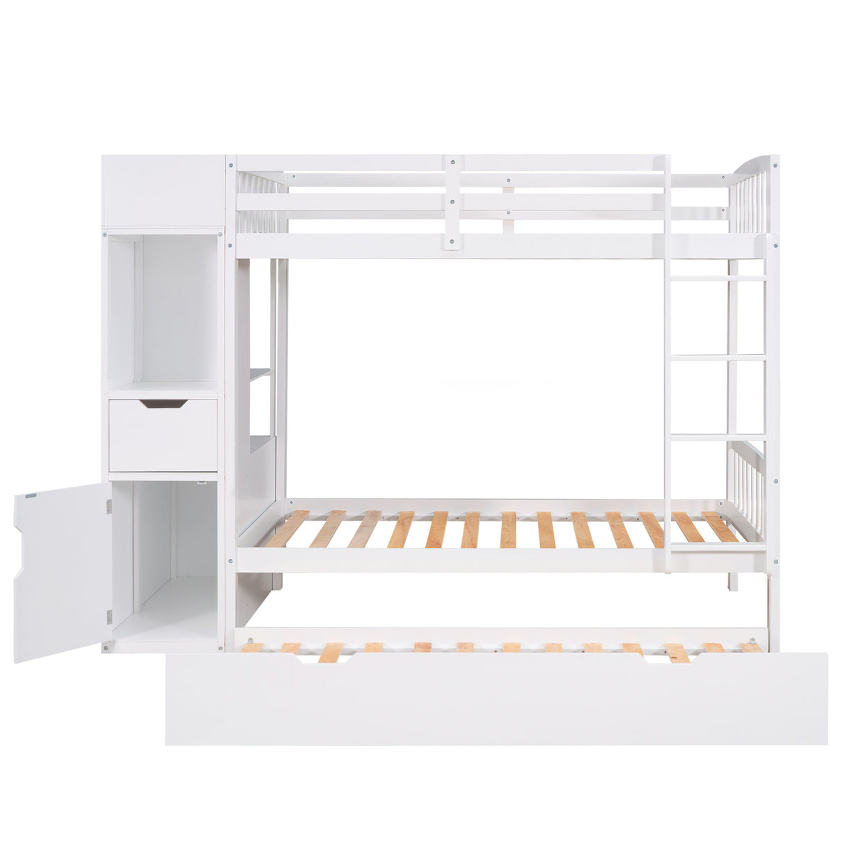 Twin Size Bunk Bed with Trundle and Attached Multifunctional Locker,White - Home Elegance USA