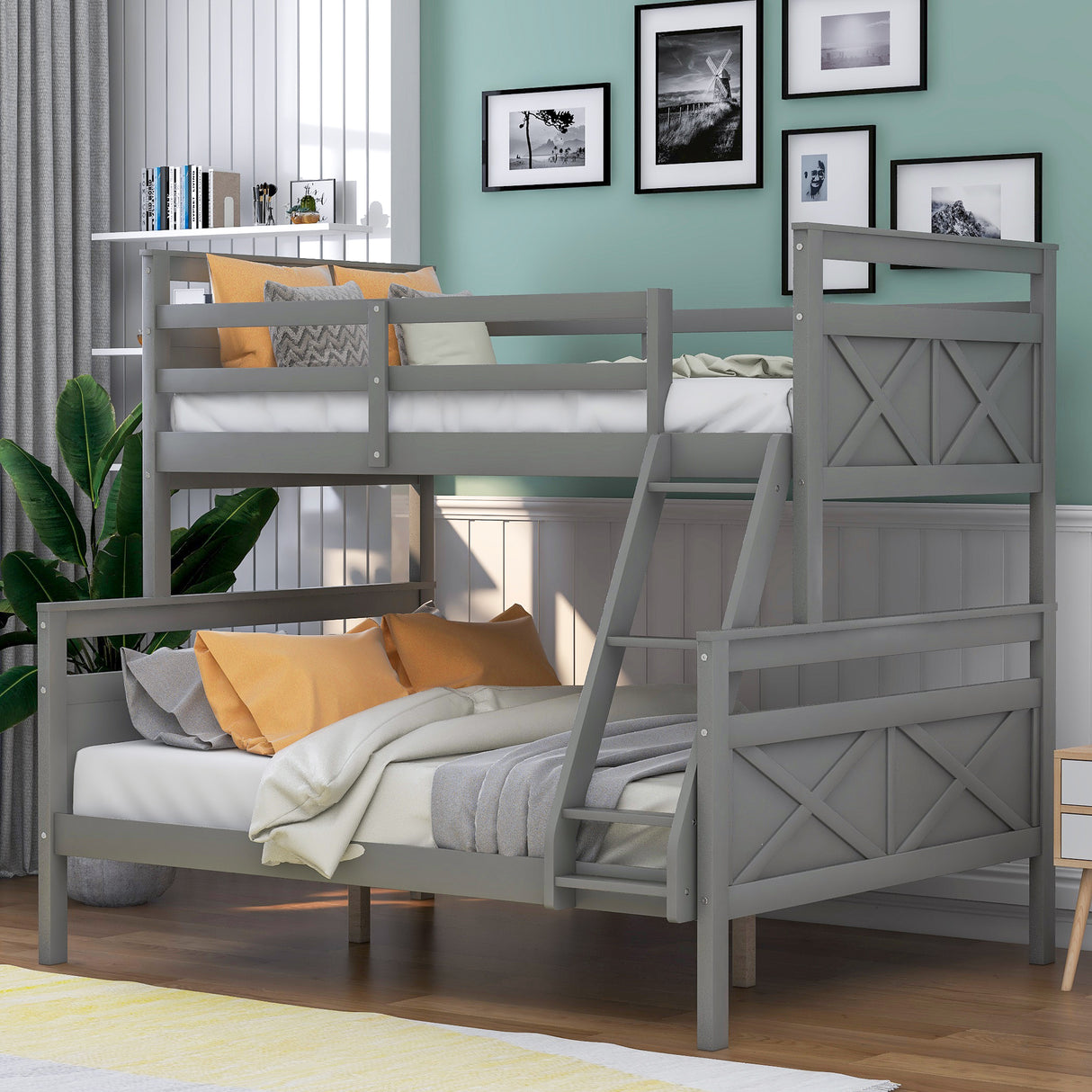 Twin over Full Bunk Bed with ladder, Safety Guardrail, Perfect for Bedroom, Gray - Home Elegance USA