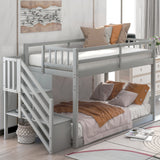 Twin over Twin Floor Bunk Bed, Ladder with Storage, Gray - Home Elegance USA