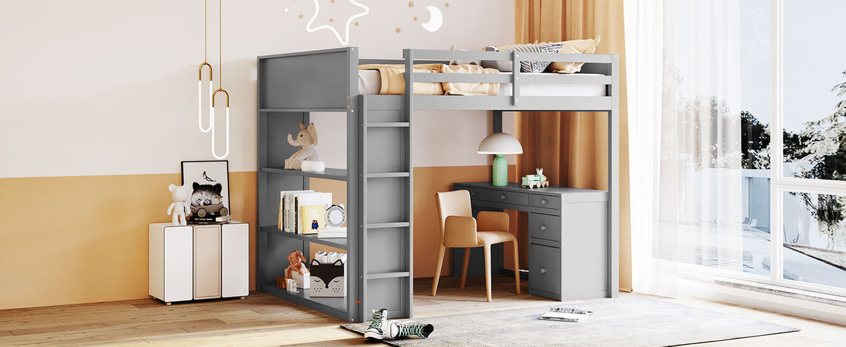 Full Size Loft Bed with Ladder, Shelves, and Desk, Gray - Home Elegance USA