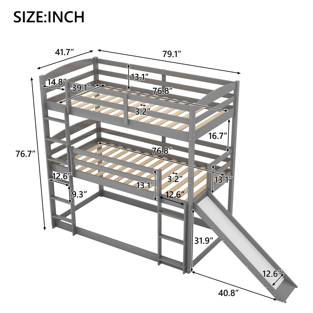 Twin over Twin over Twin Adjustable Triple Bunk Bed with Ladder and Slide,Gray(OLD SKU:SM000508AAE) - Home Elegance USA